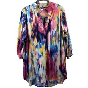 Heimish Women's Top Size Large Rainbow 3/4 Sleeves Relaxed Fit Colorful Tie Dye